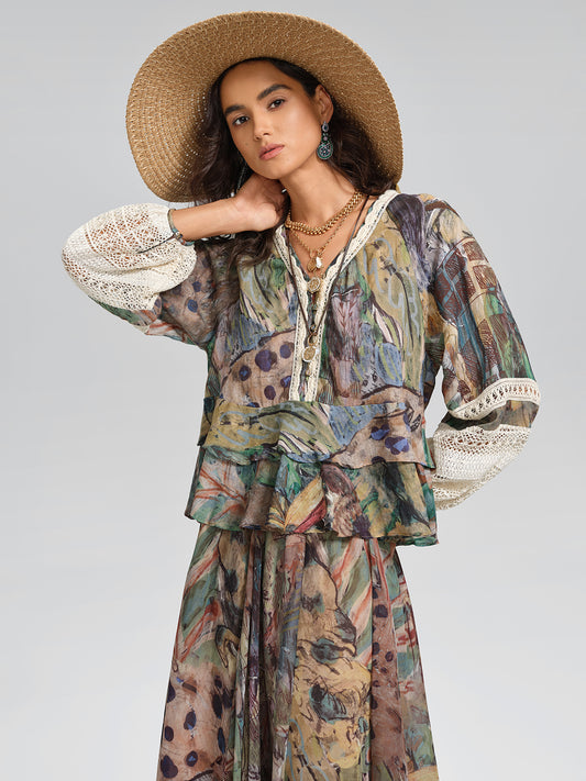 Ramie Lace-Panel Printed Blouse