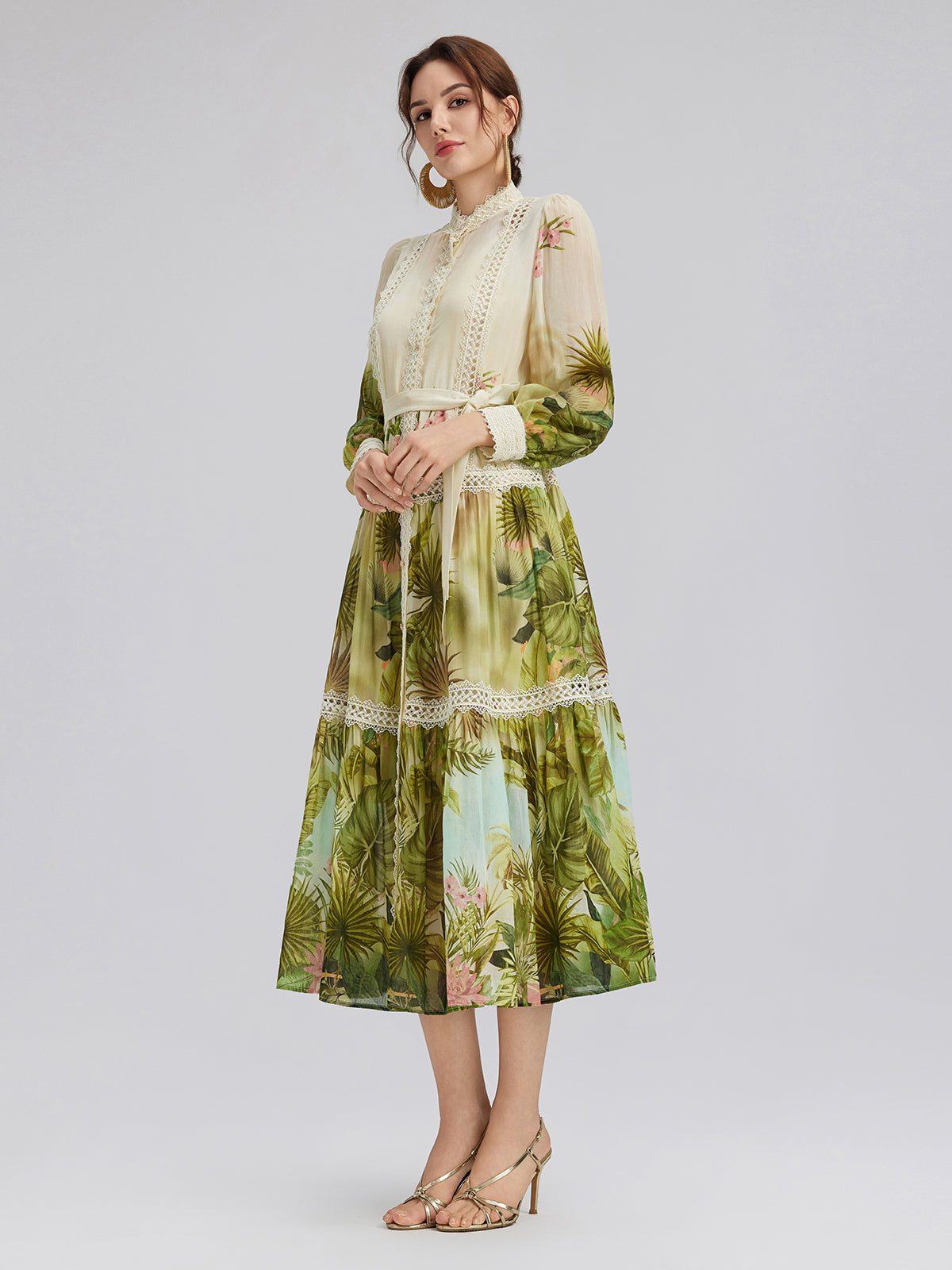 Tropical-Print Silk-Cotton Lace-Trim Dress (Two Belts Included)