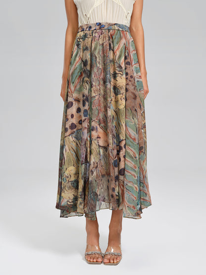 Print Elastic-Waist A-Line Skirt