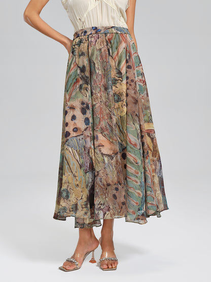 Print Elastic-Waist A-Line Skirt