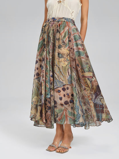 Print Elastic-Waist A-Line Skirt