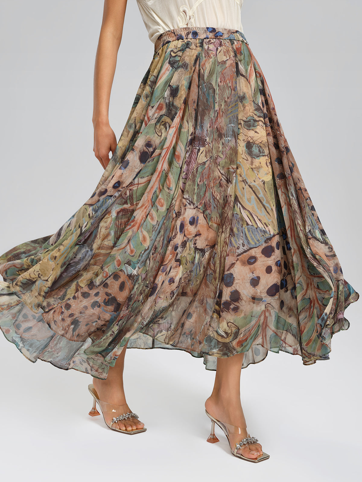 Print Elastic-Waist A-Line Skirt