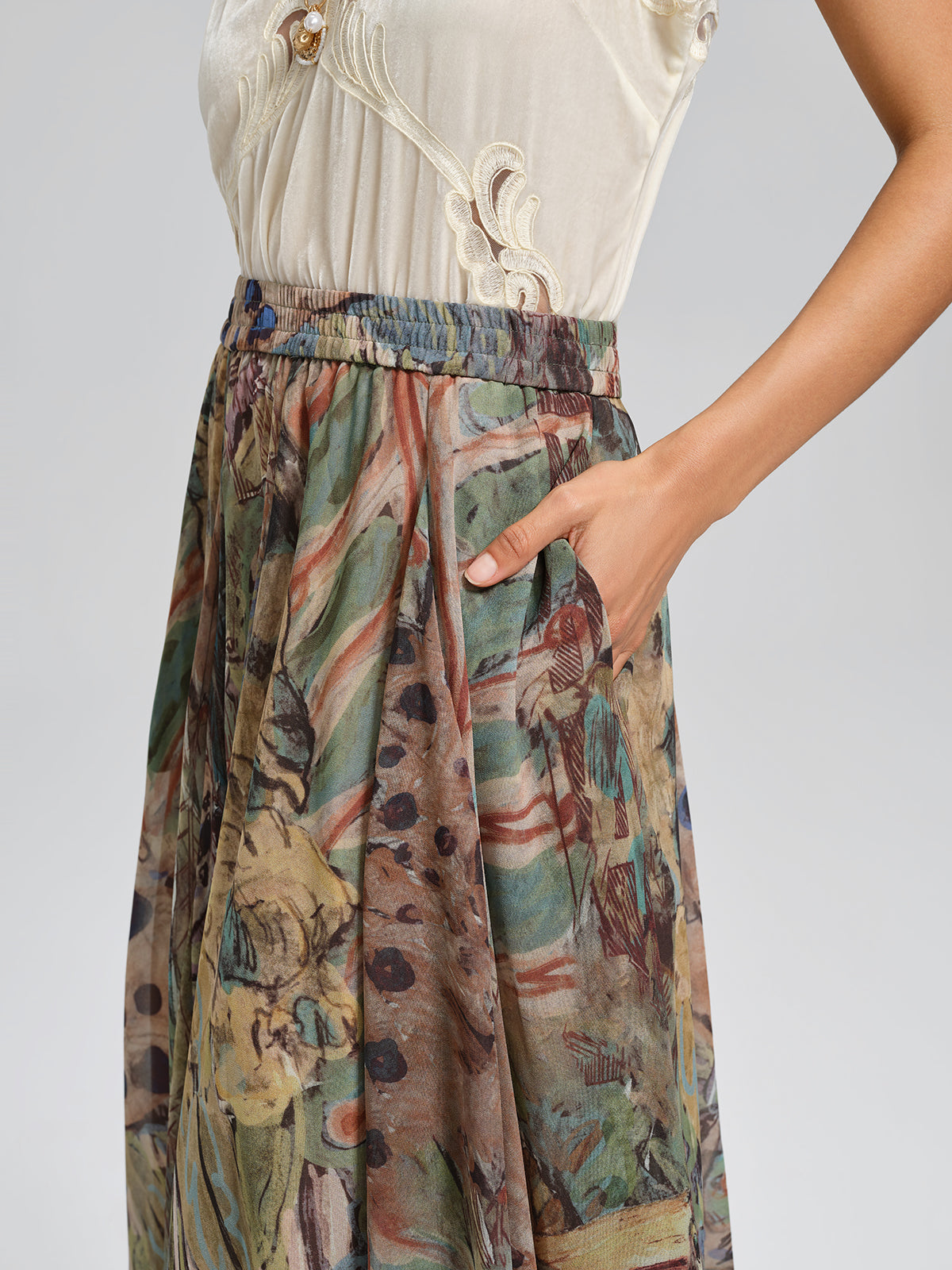 Print Elastic-Waist A-Line Skirt