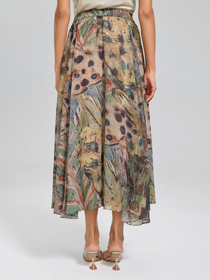 Print Elastic-Waist A-Line Skirt
