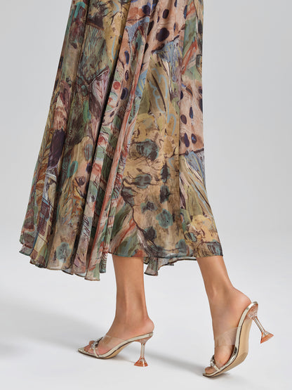 Print Elastic-Waist A-Line Skirt