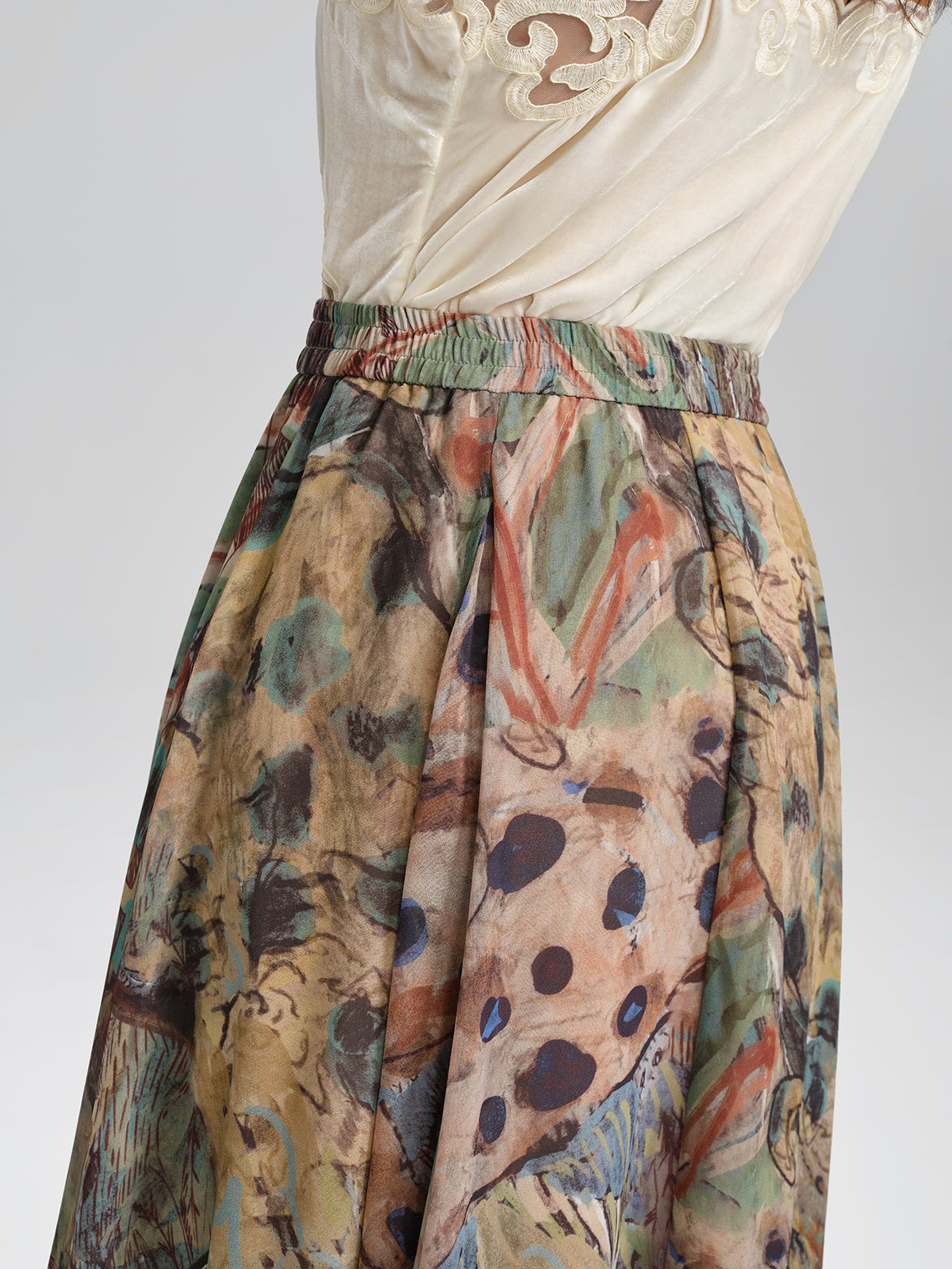 Print Elastic-Waist A-Line Skirt