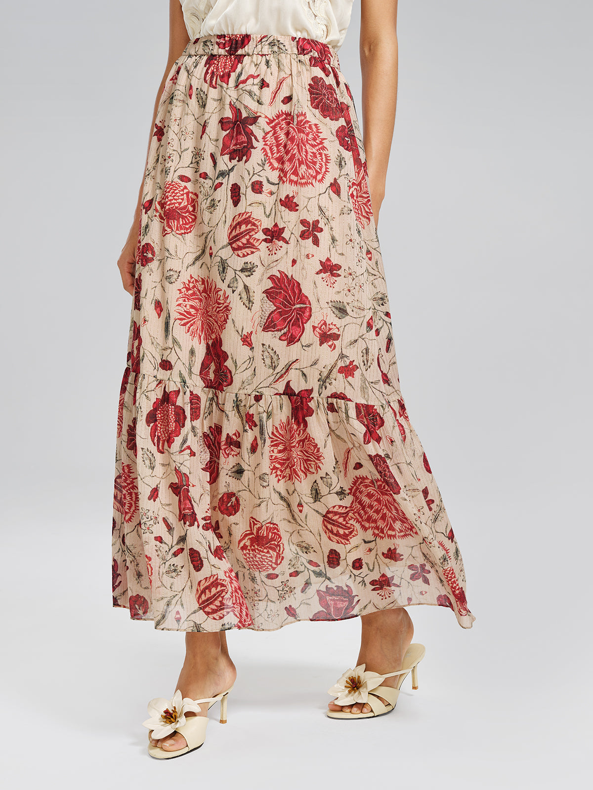 Silk Metallic-Stripe Elasticated Waist Vine Skirt