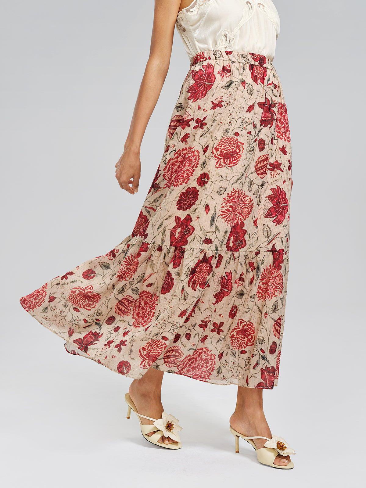 Silk Metallic-Stripe Elasticated Waist Vine Skirt