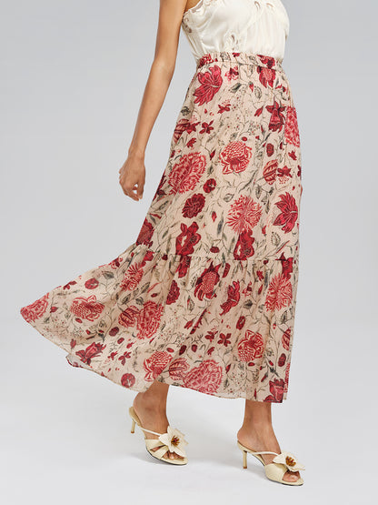 Silk Metallic-Stripe Elasticated Waist Vine Skirt