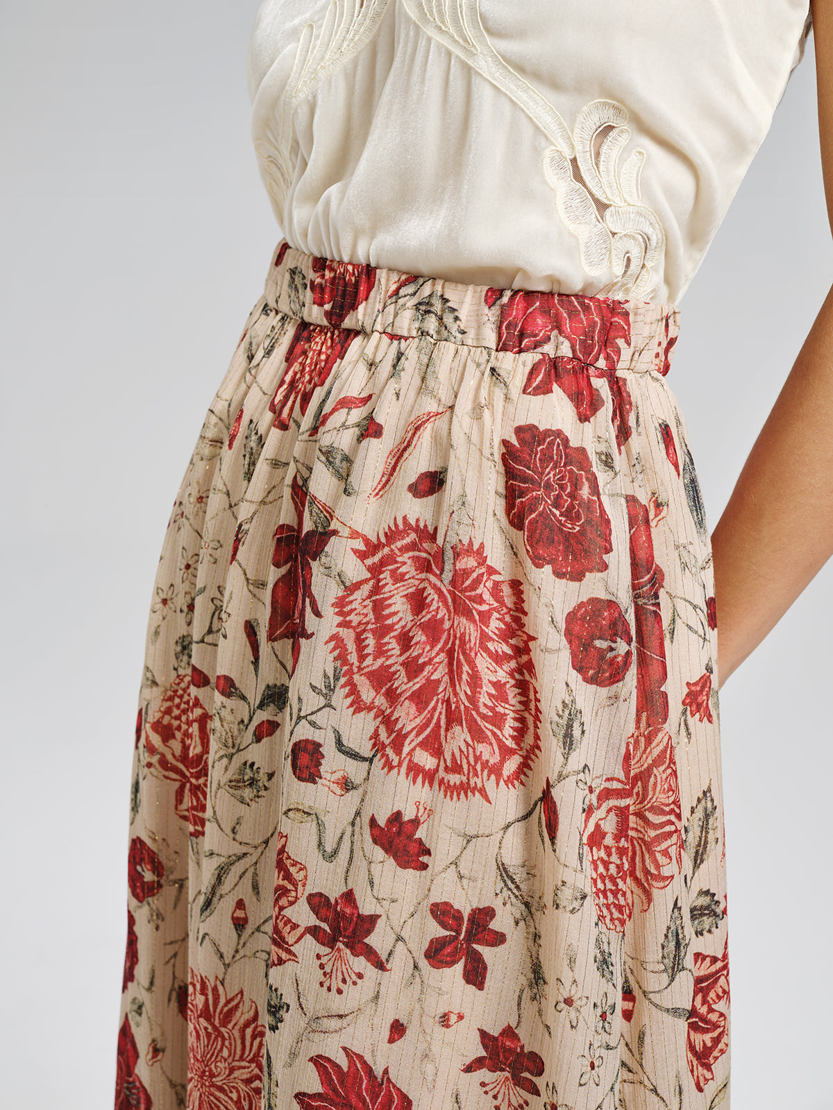 Silk Metallic-Stripe Elasticated Waist Vine Skirt