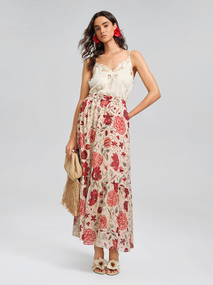 Silk Metallic-Stripe Elasticated Waist Vine Skirt