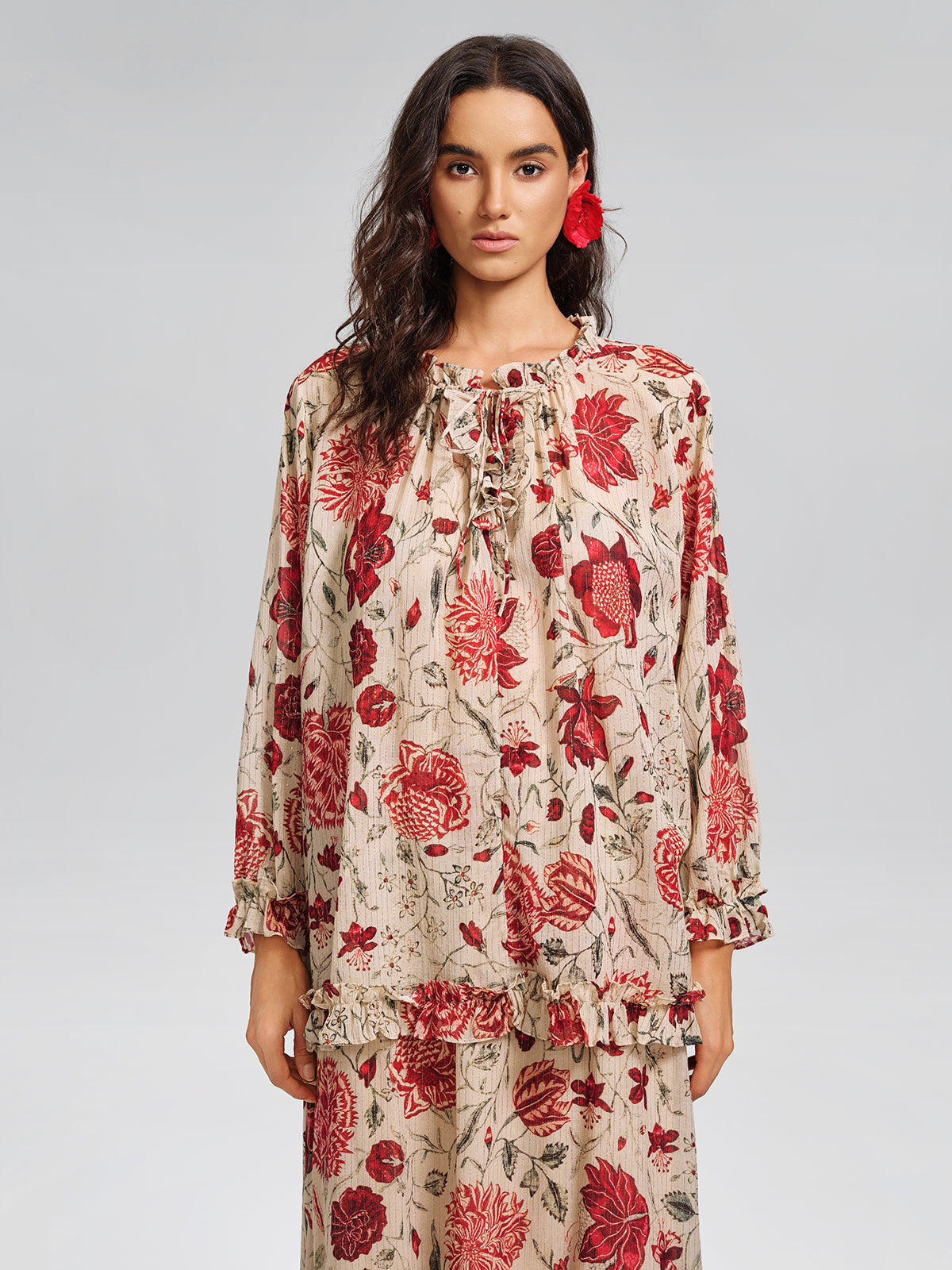 Silk Metallic-Stripe Vine Pattern Blouse