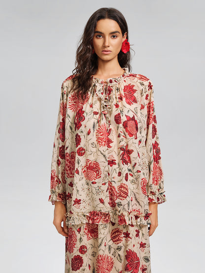 Silk Metallic-Stripe Vine Pattern Blouse