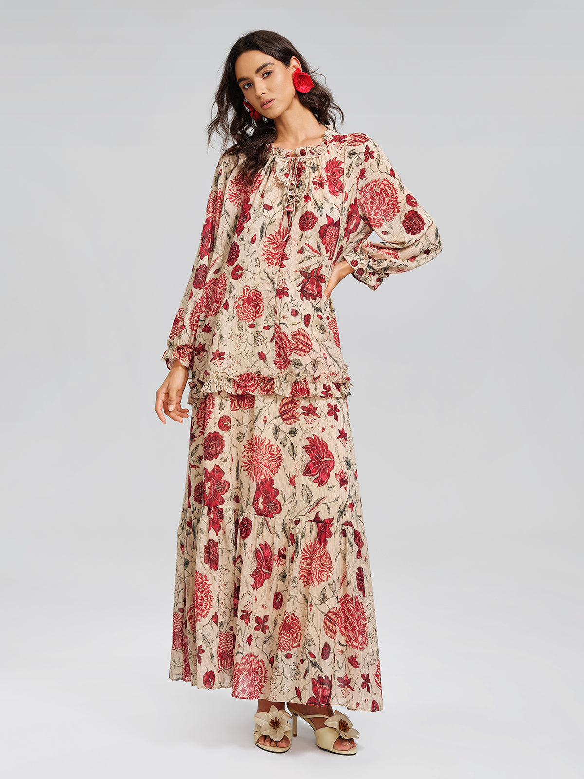 Silk Metallic-Stripe Vine Pattern Blouse