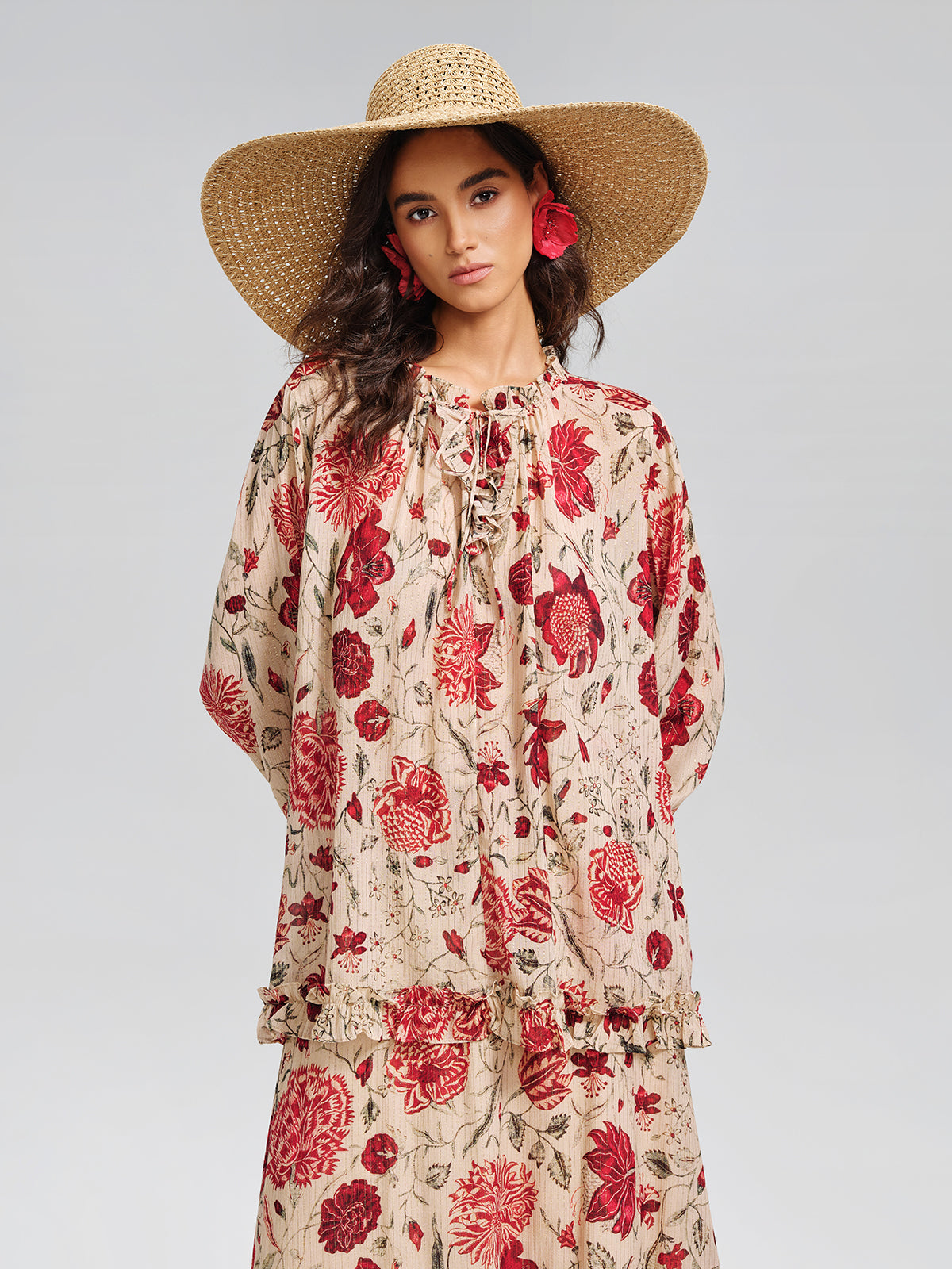 Silk Metallic-Stripe Vine Pattern Blouse