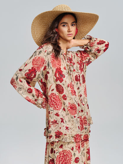 Silk Metallic-Stripe Vine Pattern Blouse