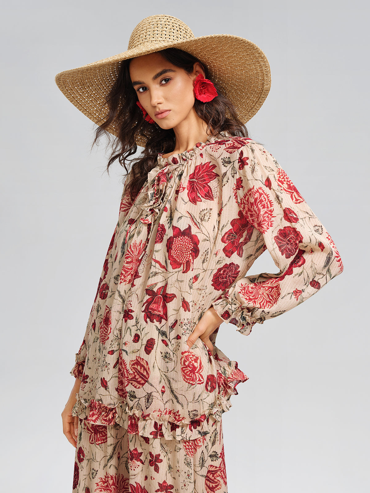 Silk Metallic-Stripe Vine Pattern Blouse