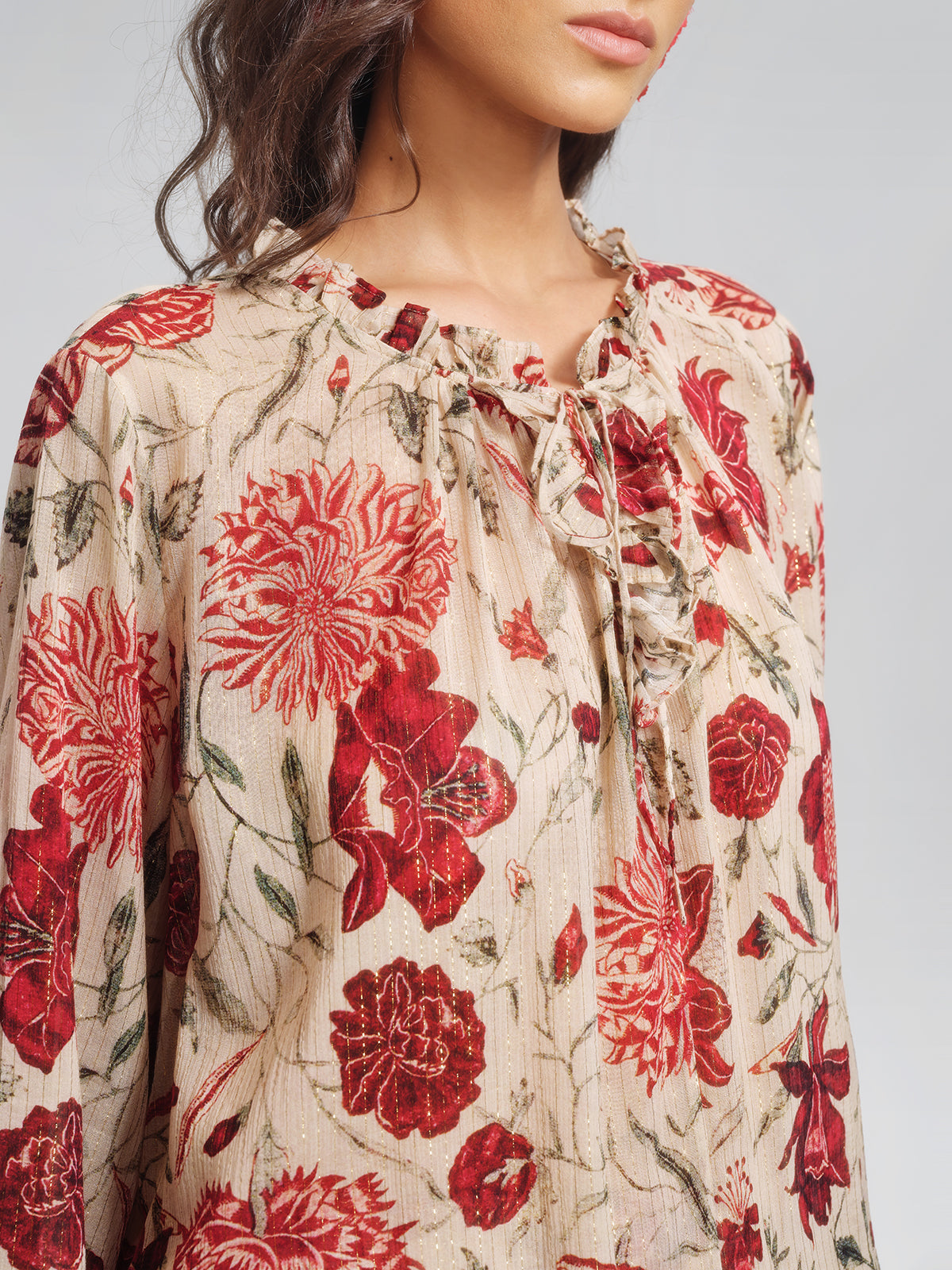 Silk Metallic-Stripe Vine Pattern Blouse