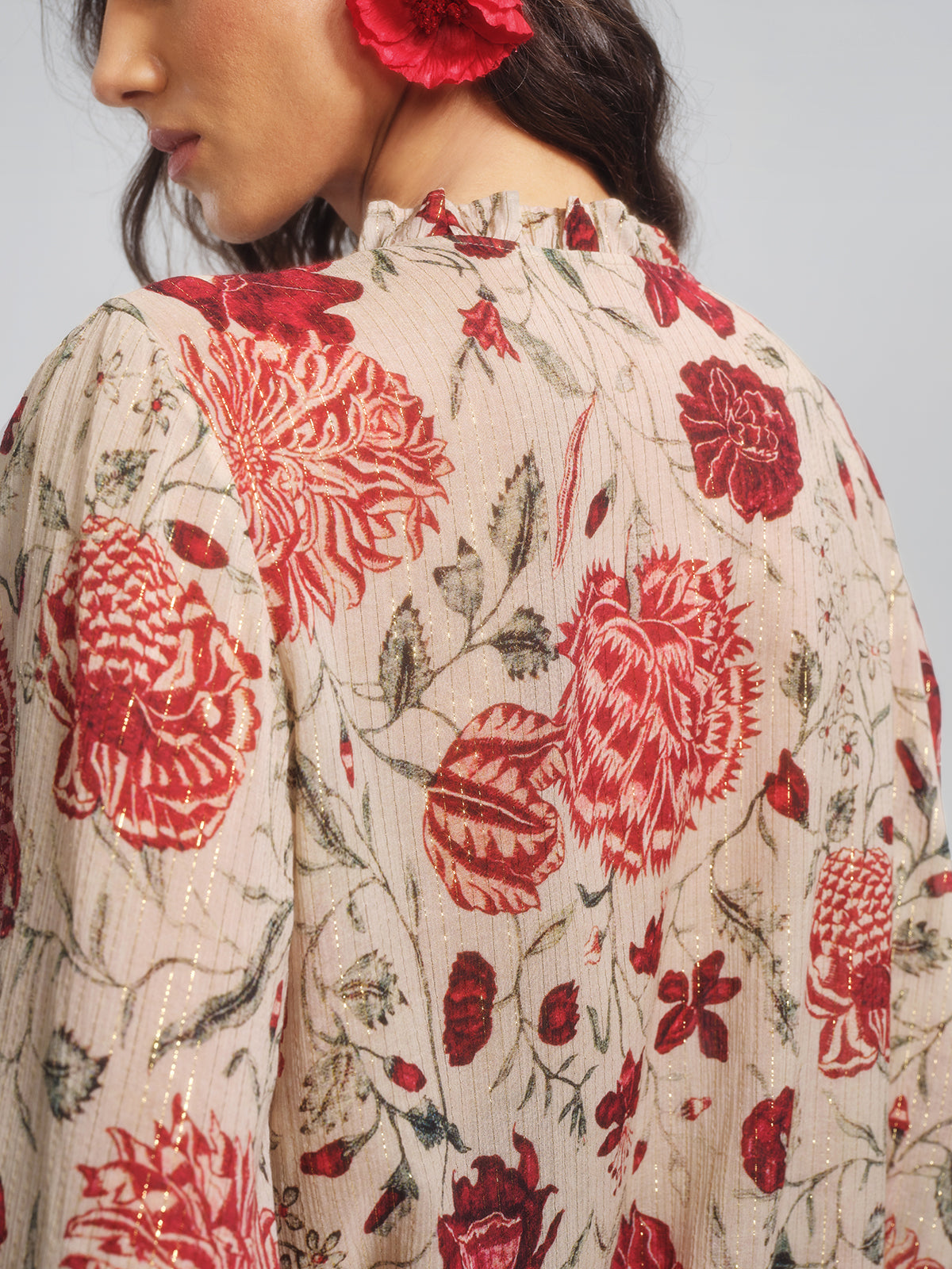 Silk Metallic-Stripe Vine Pattern Blouse