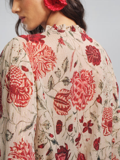 Silk Metallic-Stripe Vine Pattern Blouse