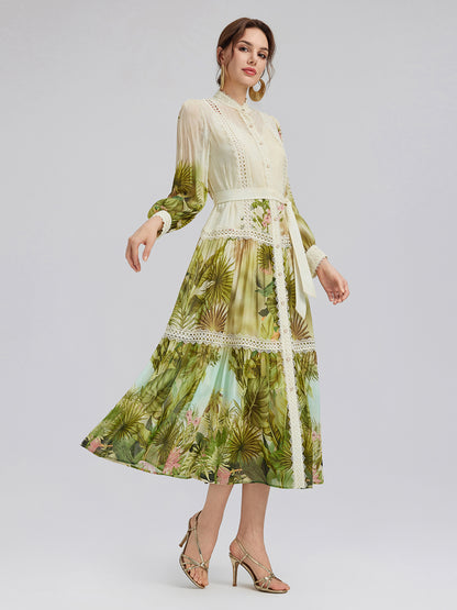 Tropical-Print Silk-Cotton Lace-Trim Dress (Two Belts Included)