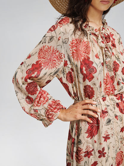 Silk Metallic-Stripe Vine Pattern Blouse