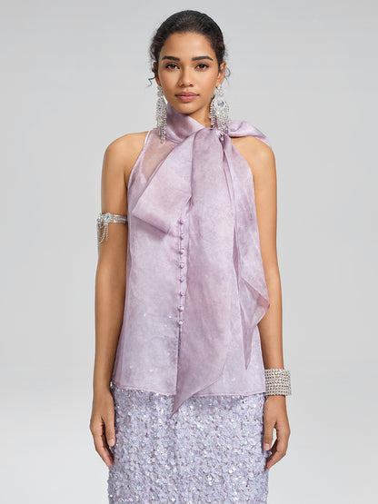 Mulberry Silk Tie-Neck Sleeveless Top (Camisole Included)