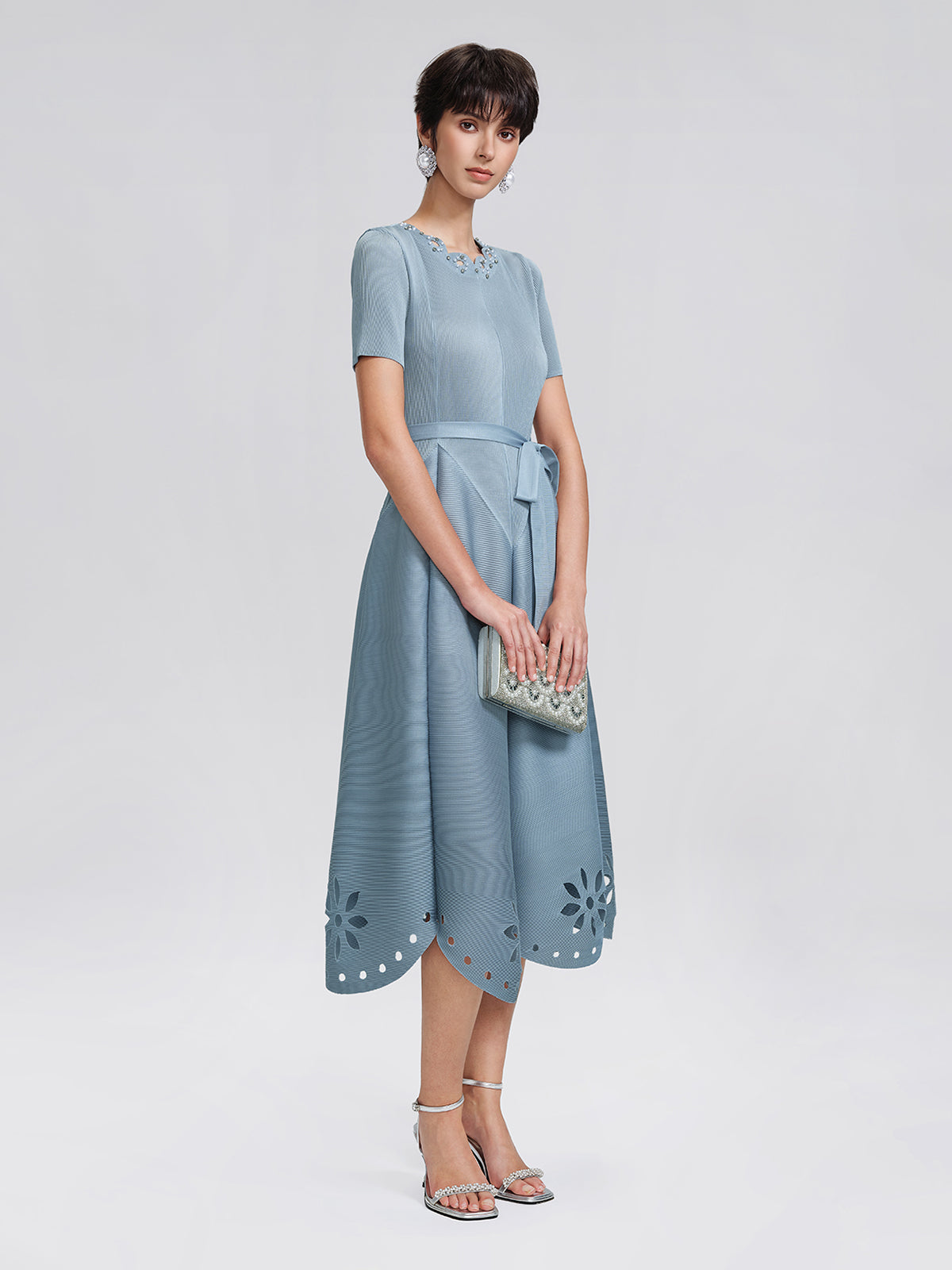 Cutout Burnout Beaded Pleated Dress (Waist Tie Included)