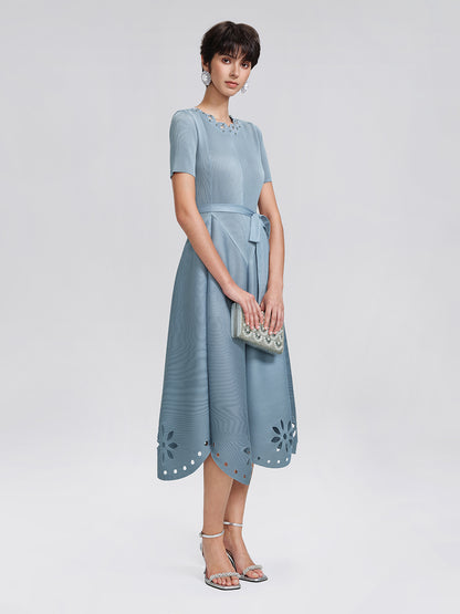 Cutout Burnout Beaded Pleated Dress (Waist Tie Included)