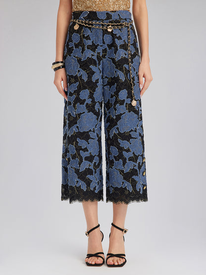 Hand-Sewn Ribbon Jacquard Lace Wide-Leg Pants