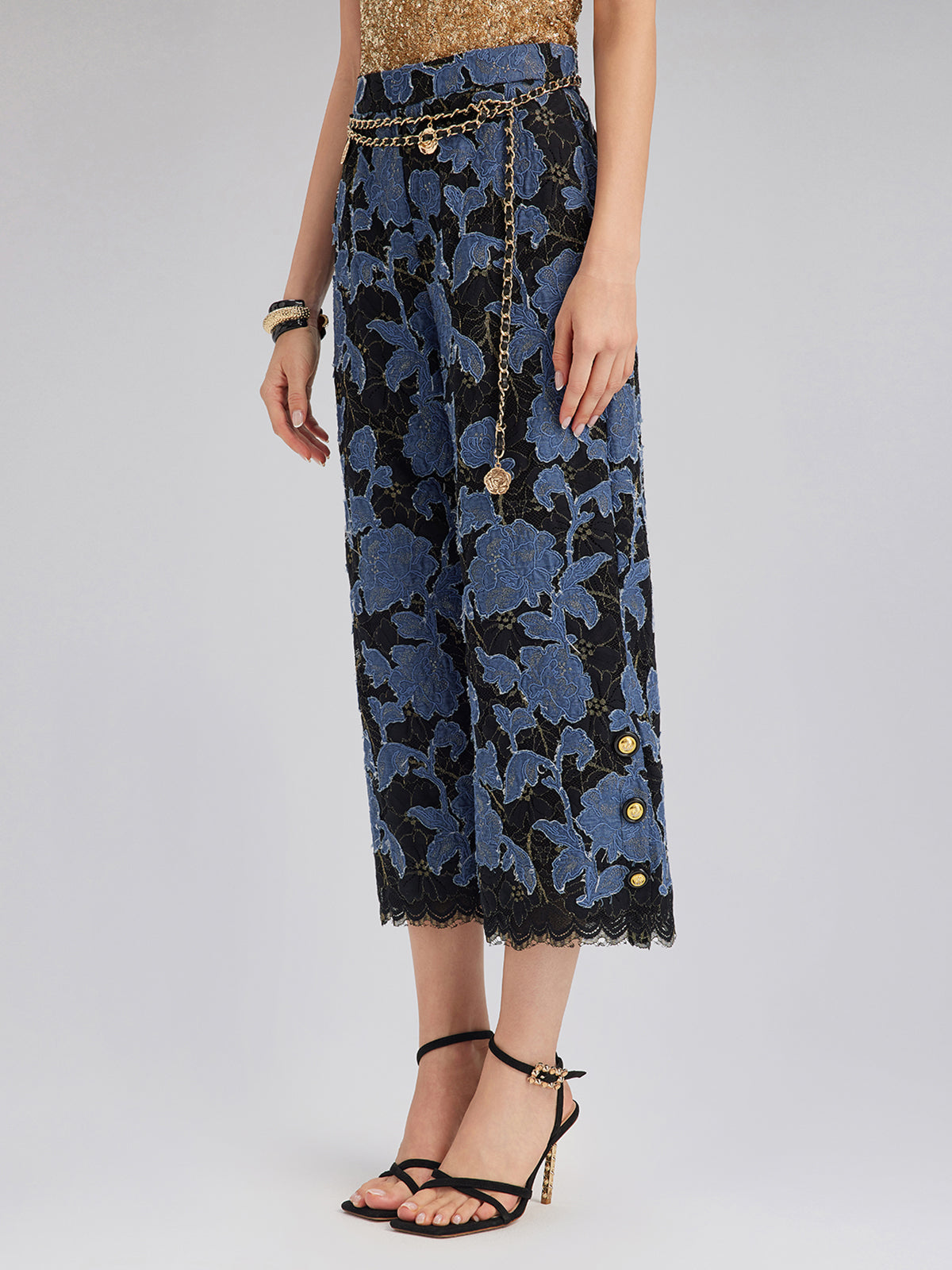 Hand-Sewn Ribbon Jacquard Lace Wide-Leg Pants