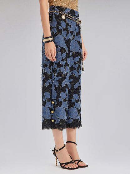 Hand-Sewn Ribbon Jacquard Lace Wide-Leg Pants