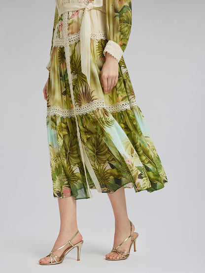 Tropical-Print Silk-Cotton Lace-Trim Dress (Two Belts Included)