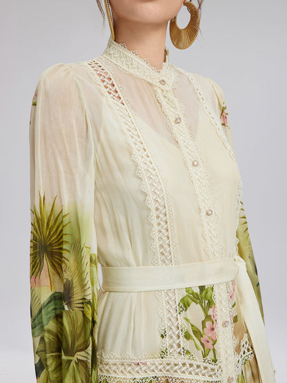 Tropical-Print Silk-Cotton Lace-Trim Dress (Two Belts Included)