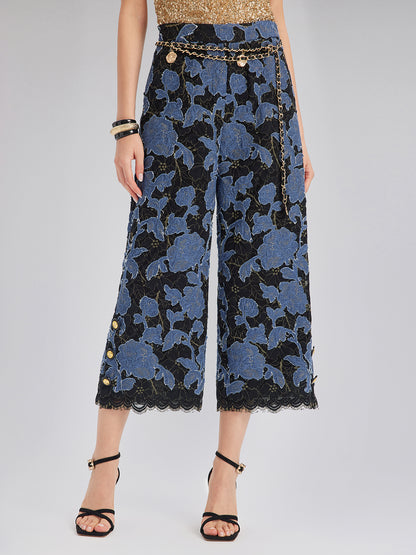 Hand-Sewn Ribbon Jacquard Lace Wide-Leg Pants