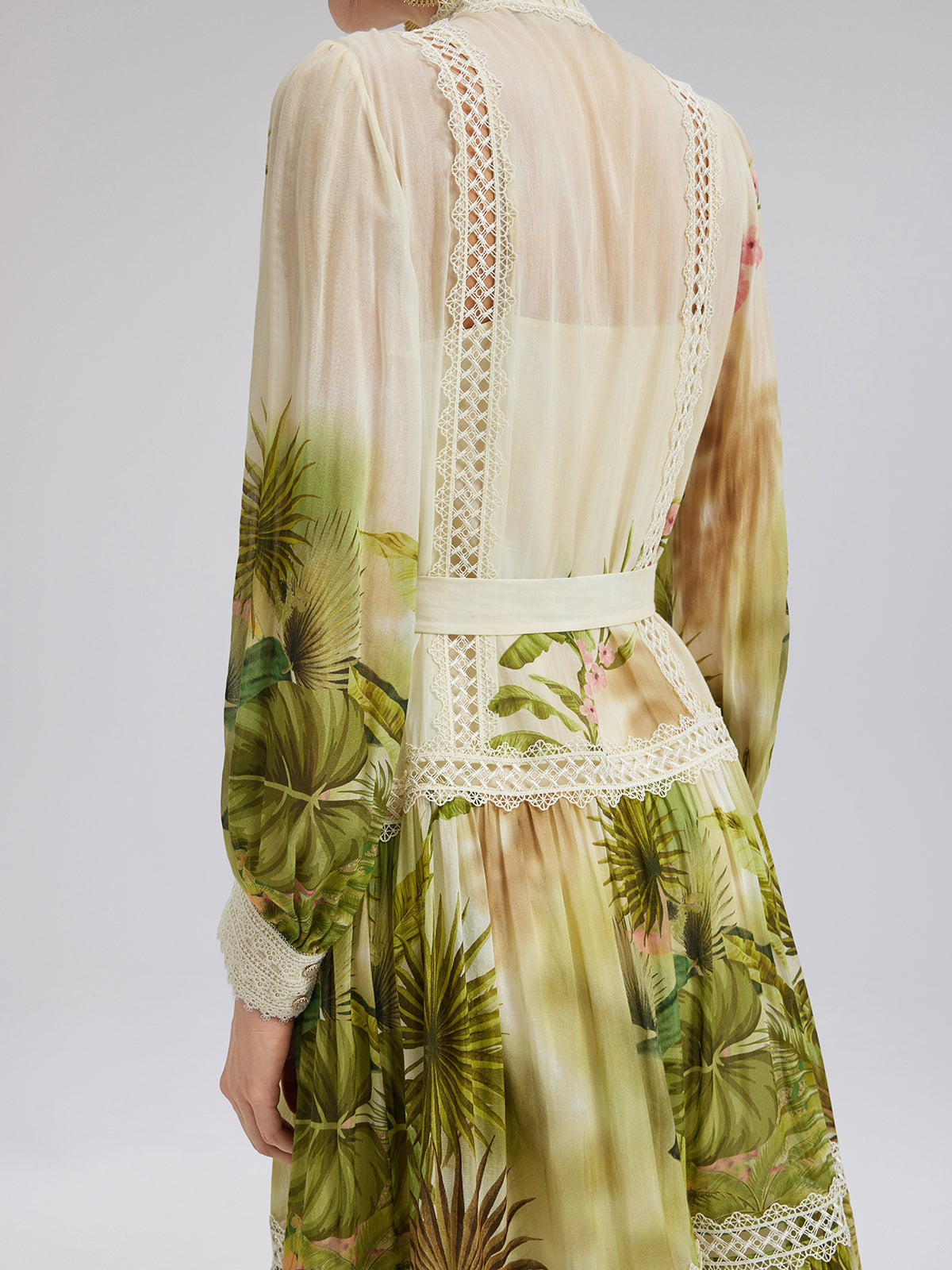 Tropical-Print Silk-Cotton Lace-Trim Dress (Two Belts Included)