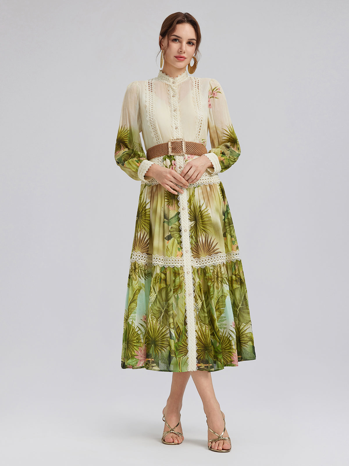 Tropical-Print Silk-Cotton Lace-Trim Dress (Two Belts Included)