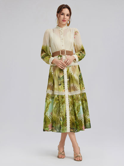 Tropical-Print Silk-Cotton Lace-Trim Dress (Two Belts Included)