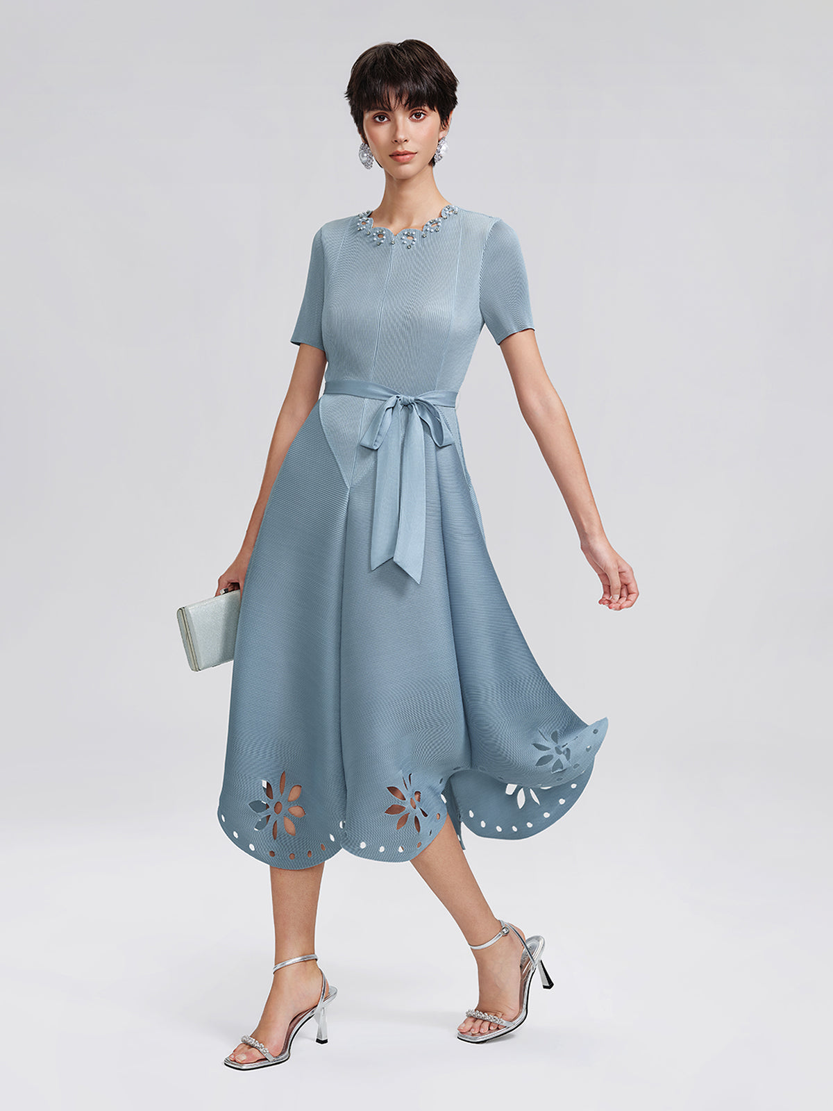 Cutout Burnout Beaded Pleated Dress (Waist Tie Included)