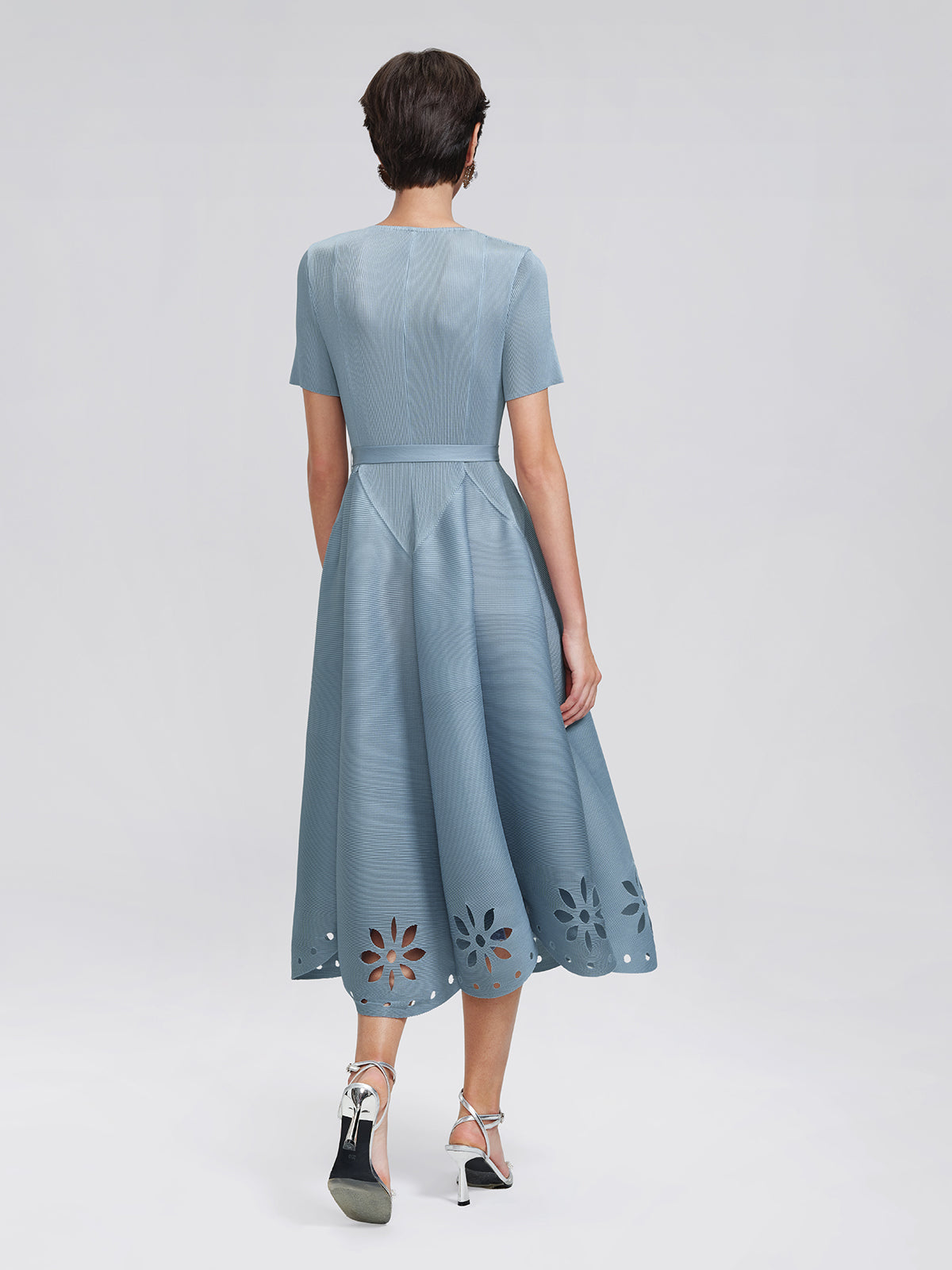 Cutout Burnout Beaded Pleated Dress (Waist Tie Included)