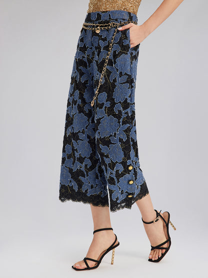 Hand-Sewn Ribbon Jacquard Lace Wide-Leg Pants