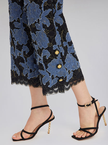 Hand-Sewn Ribbon Jacquard Lace Wide-Leg Pants