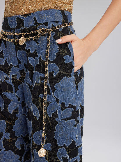 Hand-Sewn Ribbon Jacquard Lace Wide-Leg Pants
