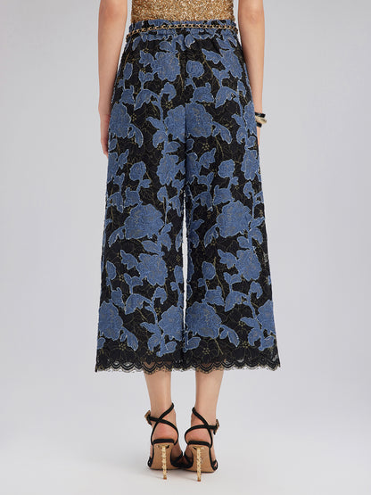 Hand-Sewn Ribbon Jacquard Lace Wide-Leg Pants