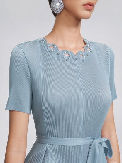 Cutout Burnout Beaded Pleated Dress (Waist Tie Included)