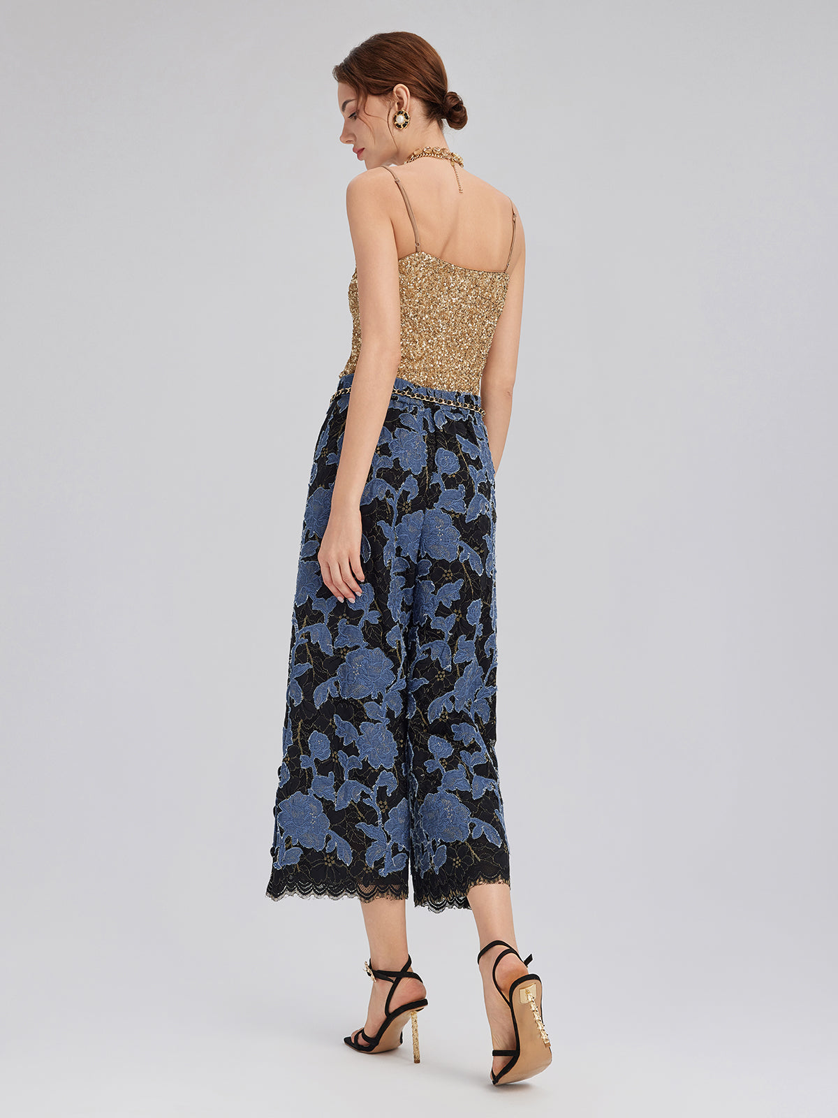 Hand-Sewn Ribbon Jacquard Lace Wide-Leg Pants