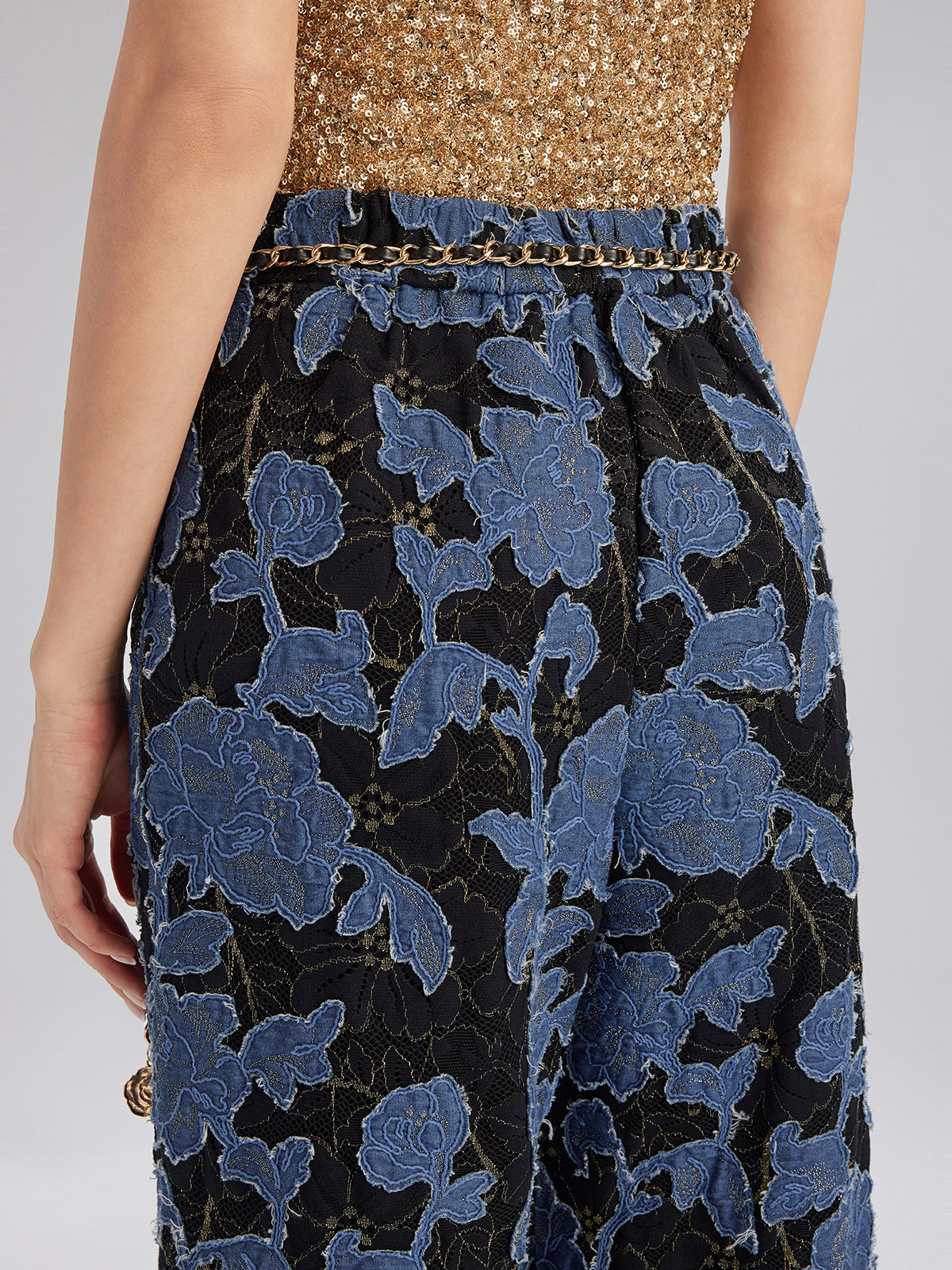 Hand-Sewn Ribbon Jacquard Lace Wide-Leg Pants