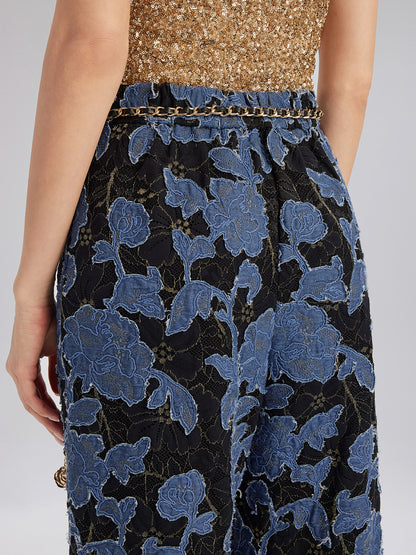 Hand-Sewn Ribbon Jacquard Lace Wide-Leg Pants