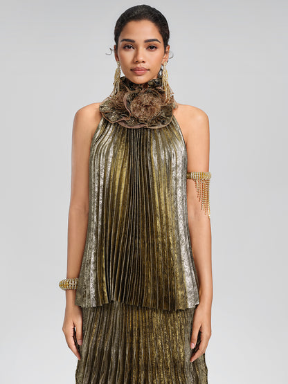 Metallic Pleated Organza-Floral Blouse