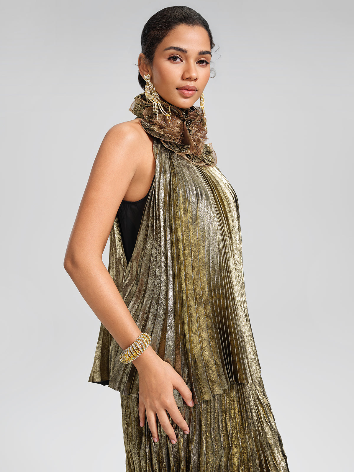 Metallic Pleated Organza-Floral Blouse